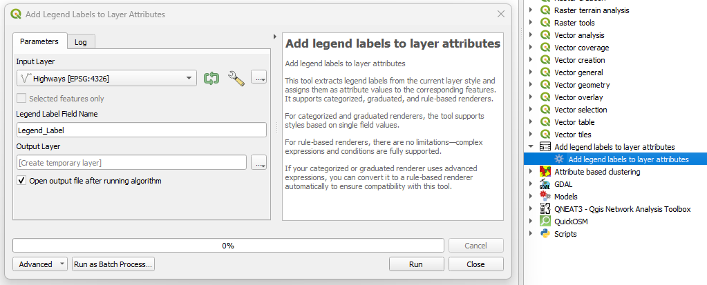 Add legend labels to layer attributes QGIS plugin version 1.0